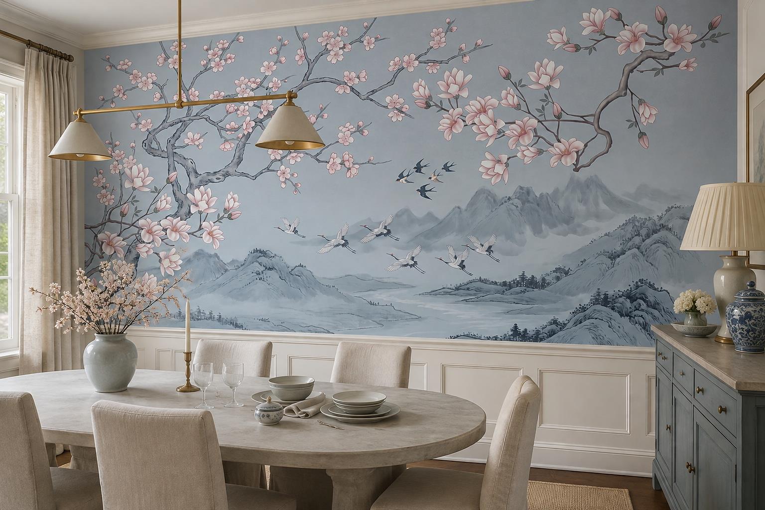 Tan And Neutral Abstract Forms Wallpaper Refined Wallpaper Mural Dining-room-wallpaper-murals, Shown In A Dining Room, Peel-and-stick Finish