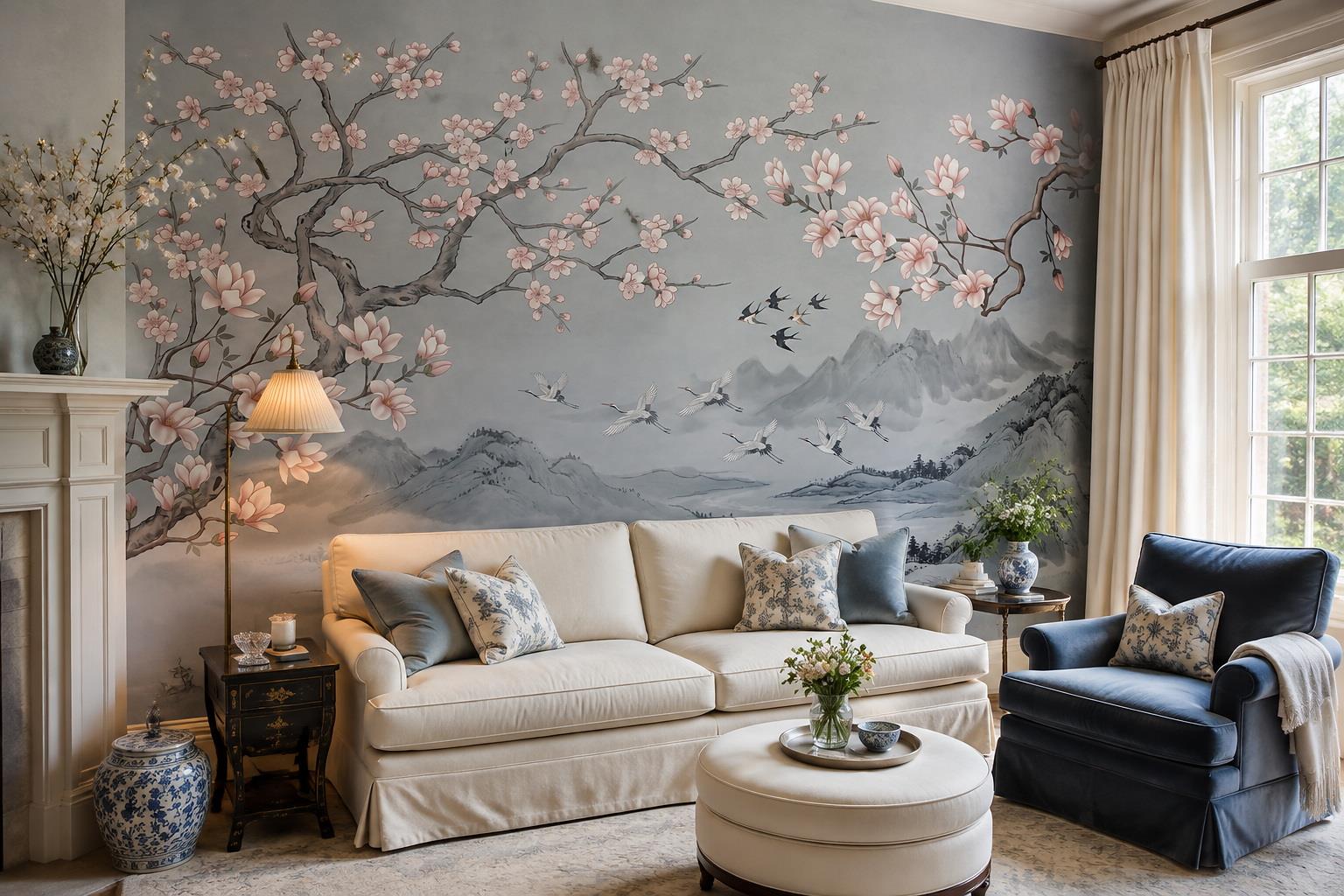 Tan And Neutral Abstract Forms Wallpaper Refined Wallpaper Mural Living-room-wallpaper-murals, Shown In A Living Room, Peel-and-stick Finish
