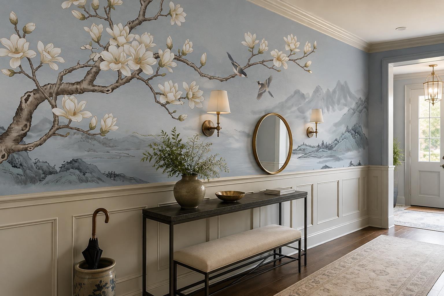 Tan And Neutral Abstract Forms Painterly Layered Wallpaper Mural Entryway-wallpaper-murals, Peel-and-stick Finish