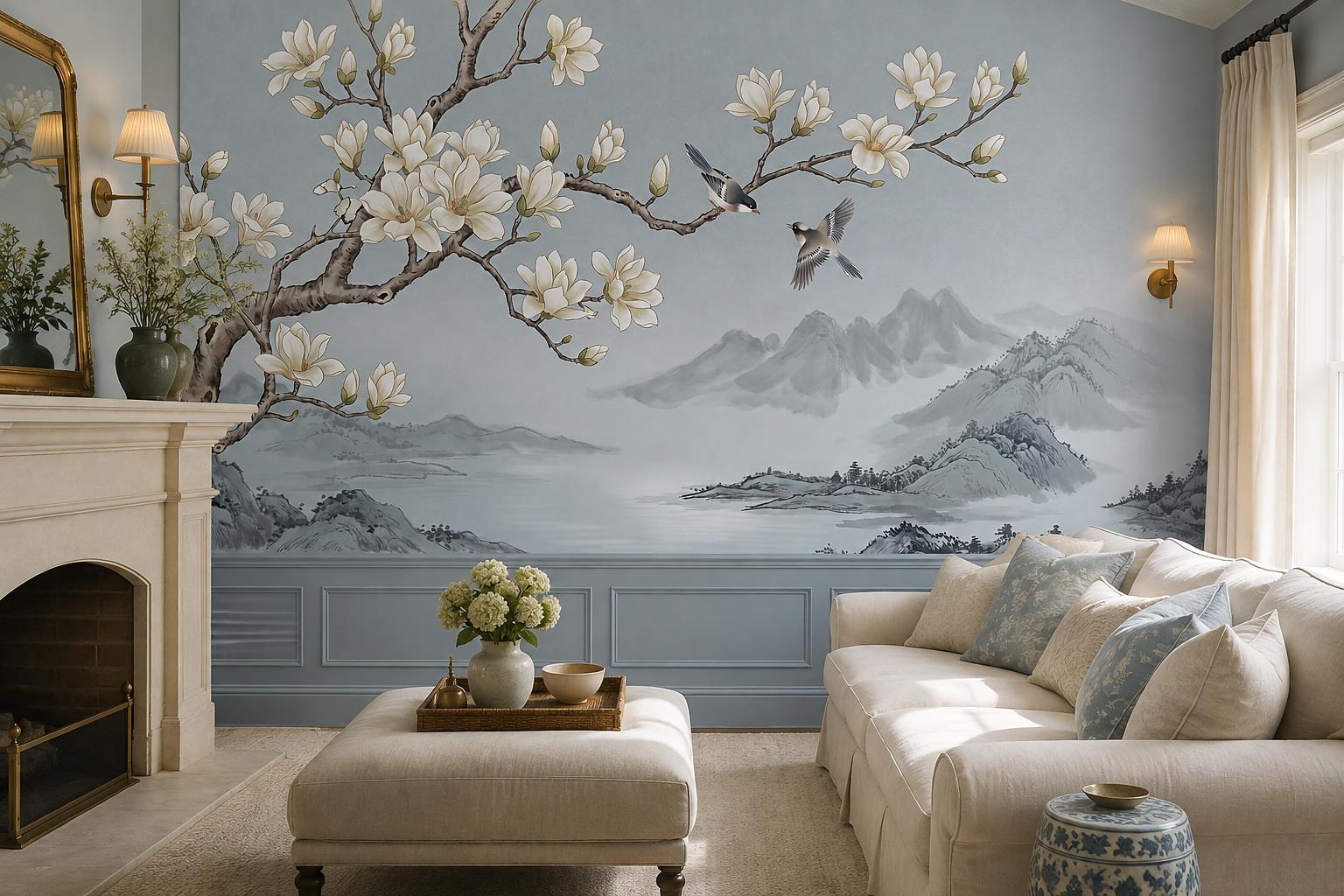 Magnolia Branches And Birds Mountain Wallpaper Mural — Wallpaper Mural Design, Peel-and-stick Finish