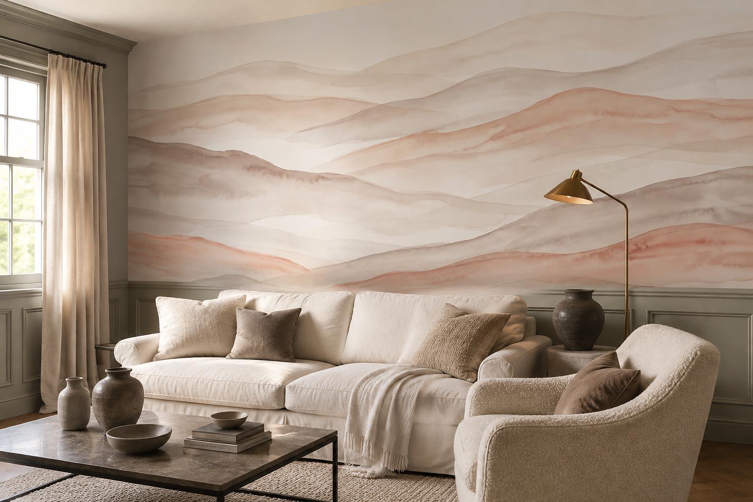 Blush Taupe Watercolour Hills Wallpaper Mural — Wallpaper Mural Design, Peel-and-stick Finish