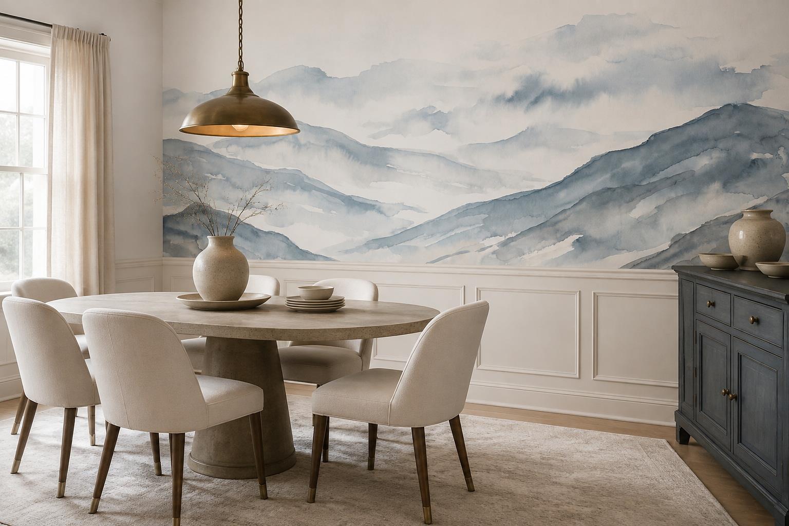 Tan And Neutral Abstract Forms Painterly Atmospheric Wallpaper Mural Dining-room-wallpaper-murals, Shown In A Dining Room, Peel-and-stick Finish