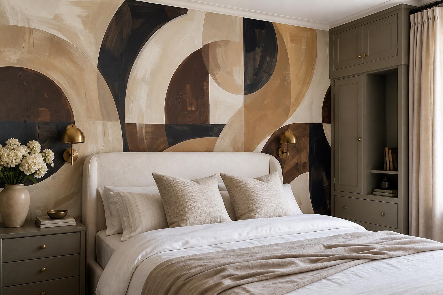 Tan And Neutral Abstract Forms Painterly Illustrated Wallpaper Mural Bedroom-wallpaper-murals, Peel-and-stick Finish
