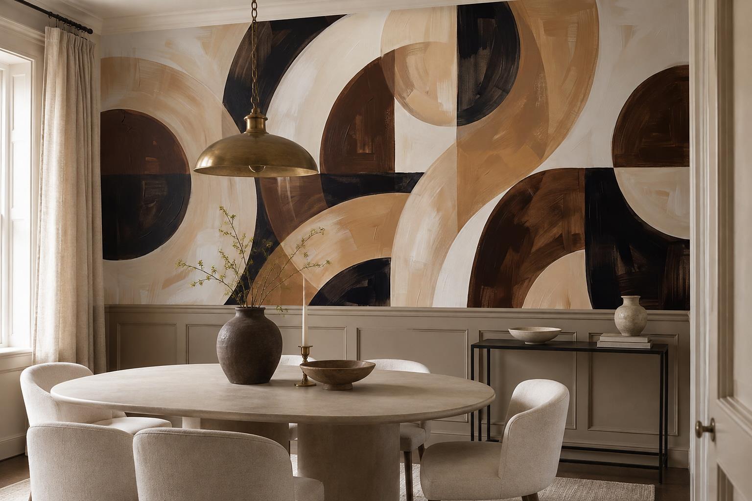 Tan And Neutral Abstract Forms Painterly Illustrated Wallpaper Mural Dining-room-wallpaper-murals, Shown In A Dining Room, Peel-and-stick Finish