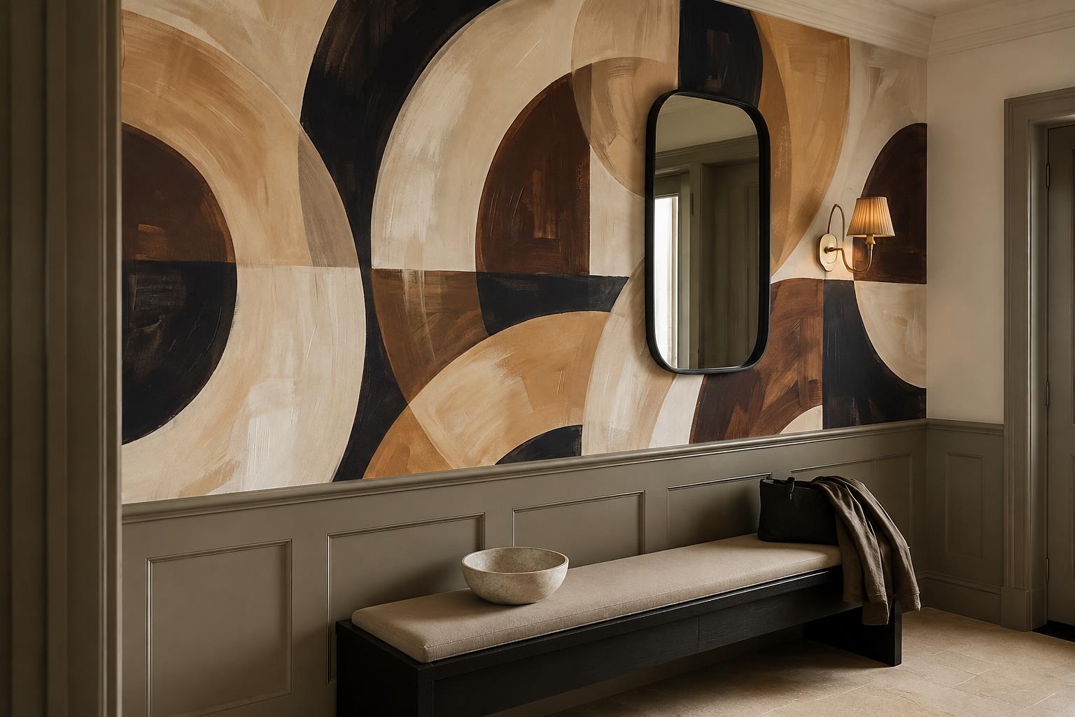 Tan And Neutral Abstract Forms Painterly Illustrated Wallpaper Mural Entryway-wallpaper-murals, Peel-and-stick Finish