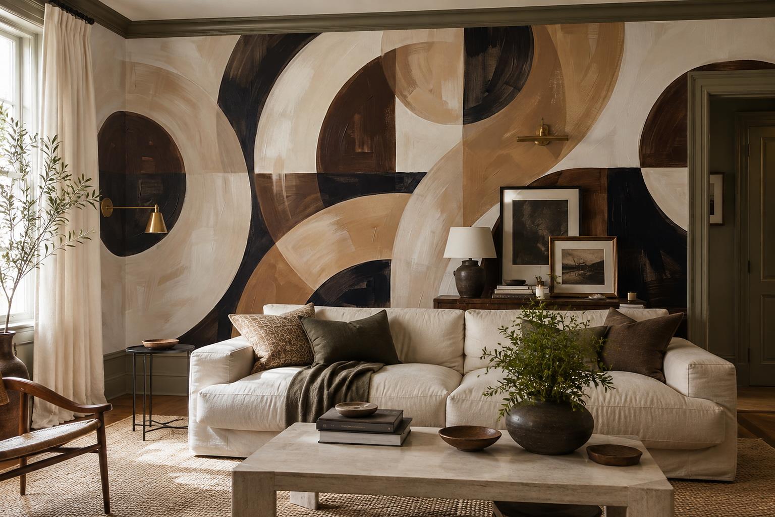 Taupe And Charcoal Abstract Arch Wallpaper Mural — Wallpaper Mural Design, Peel-and-stick Finish