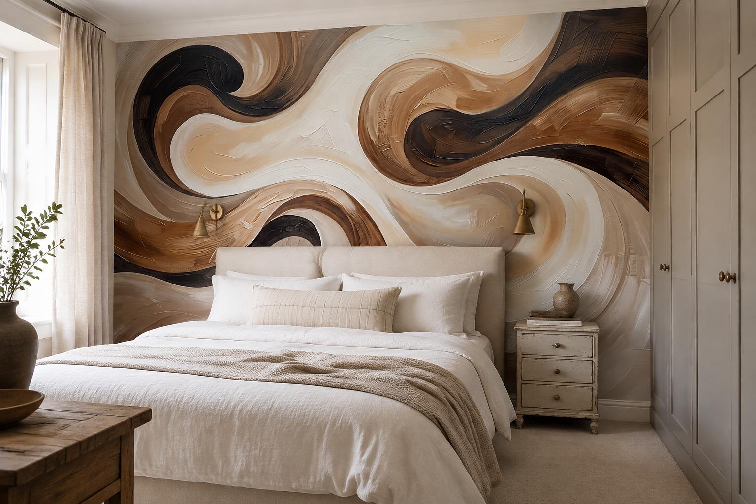 Tan And Neutral Abstract Forms Painterly Linear Wallpaper Mural Bedroom-wallpaper-murals, Peel-and-stick Finish