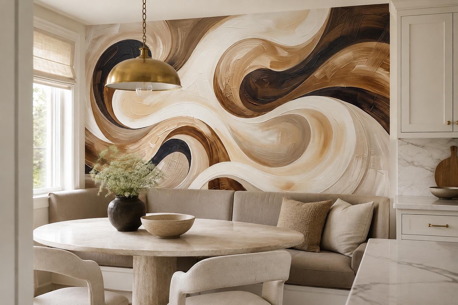 Tan And Neutral Abstract Forms Painterly Linear Wallpaper Mural Dining-room-wallpaper-murals, Shown In A Dining Room, Peel-and-stick Finish