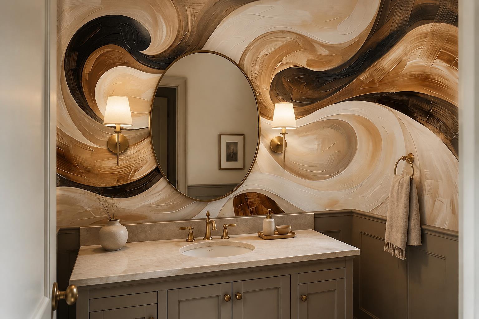 Tan And Neutral Abstract Forms Painterly Linear Wallpaper Mural Accent-wall-wallpaper-murals, Peel-and-stick Finish