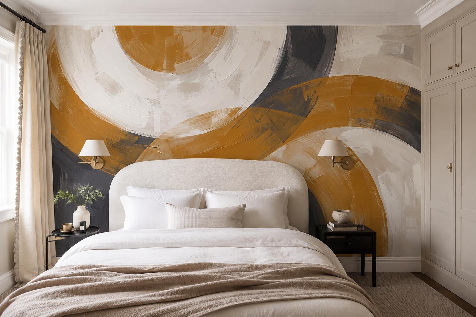Tan And Neutral Abstract Forms Painterly Curved Wallpaper Mural Bedroom-wallpaper-murals, Peel-and-stick Finish