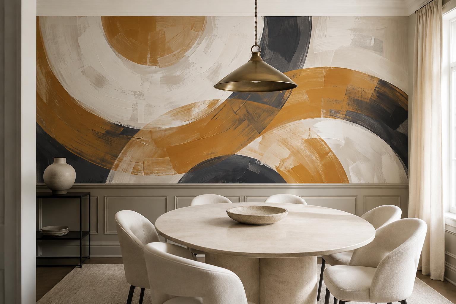 Tan And Neutral Abstract Forms Painterly Curved Wallpaper Mural Dining-room-wallpaper-murals, Shown In A Dining Room, Peel-and-stick Finish