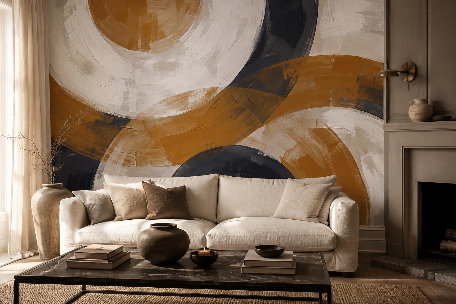 Tan And Neutral Abstract Forms Painterly Curved Wallpaper Mural Living-room-wallpaper-murals, Peel-and-stick Finish