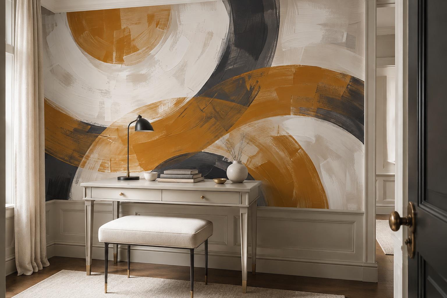 Tan And Neutral Abstract Forms Painterly Curved Wallpaper Mural Accent-wall-wallpaper-murals, Peel-and-stick Finish