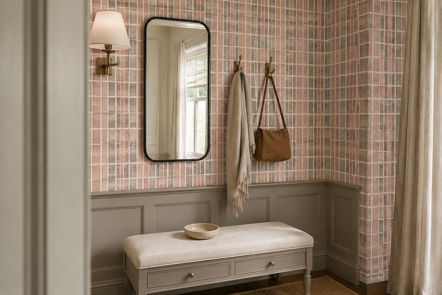 Tan And Neutral Abstract Painterly Hand Painted Wallpaper Mural Entryway-wallpaper-murals, Peel-and-stick Finish