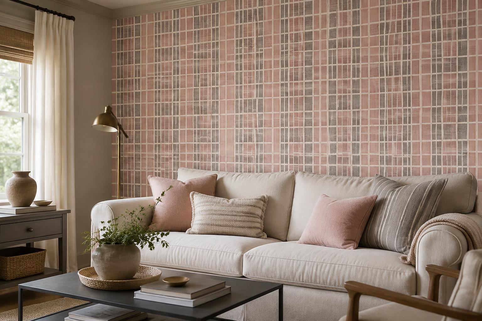 Muted Pink And Sage Plaid Wallpaper Mural — Wallpaper Mural Design, Peel-and-stick Finish