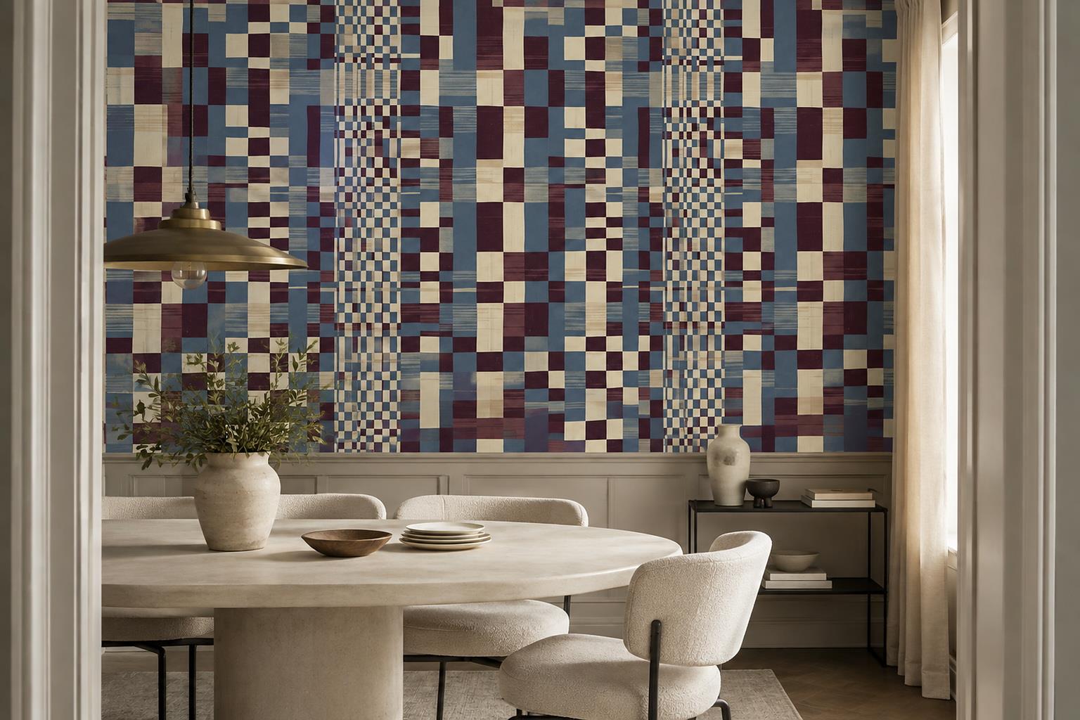 Tan And Neutral Abstract Forms Painterly Brushwork Wallpaper Mural Dining-room-wallpaper-murals, Shown In A Dining Room, Peel-and-stick Finish