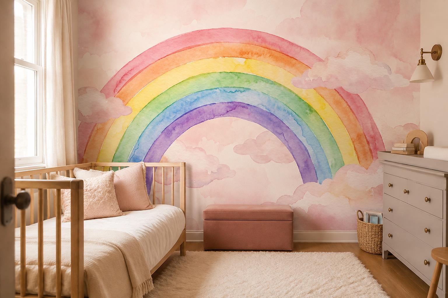 Pastel Watercolour Rainbow And Clouds Wallpaper Mural — Wallpaper Mural Design, Peel-and-stick Finish