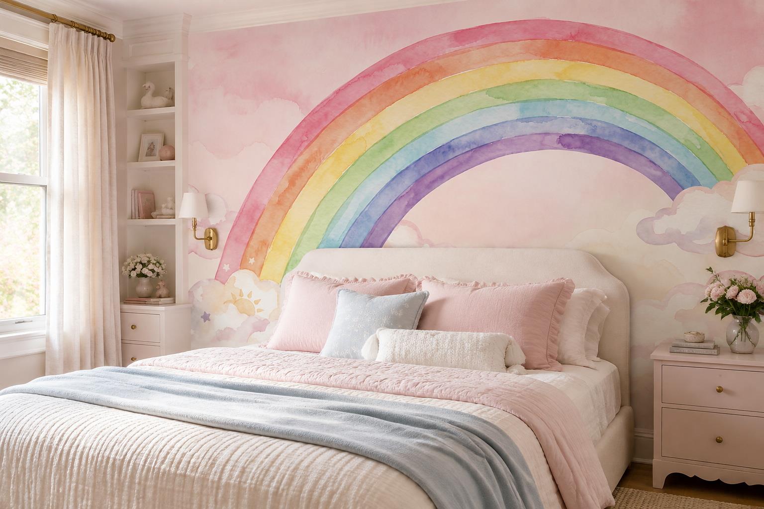 Pastel Rainbow, Stars And Clouds Wallpaper Mural — Installed Wallpaper Mural In A Bedroom, Peel-and-stick Finish