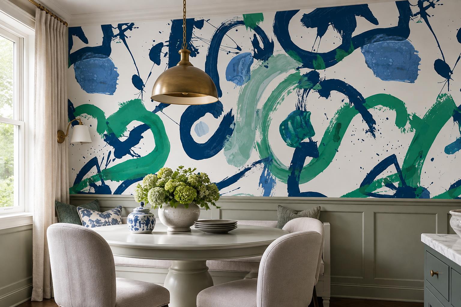 Tan And Neutral Abstract Forms Painterly Marks Wallpaper Mural Dining-room-wallpaper-murals, Shown In A Dining Room, Peel-and-stick Finish