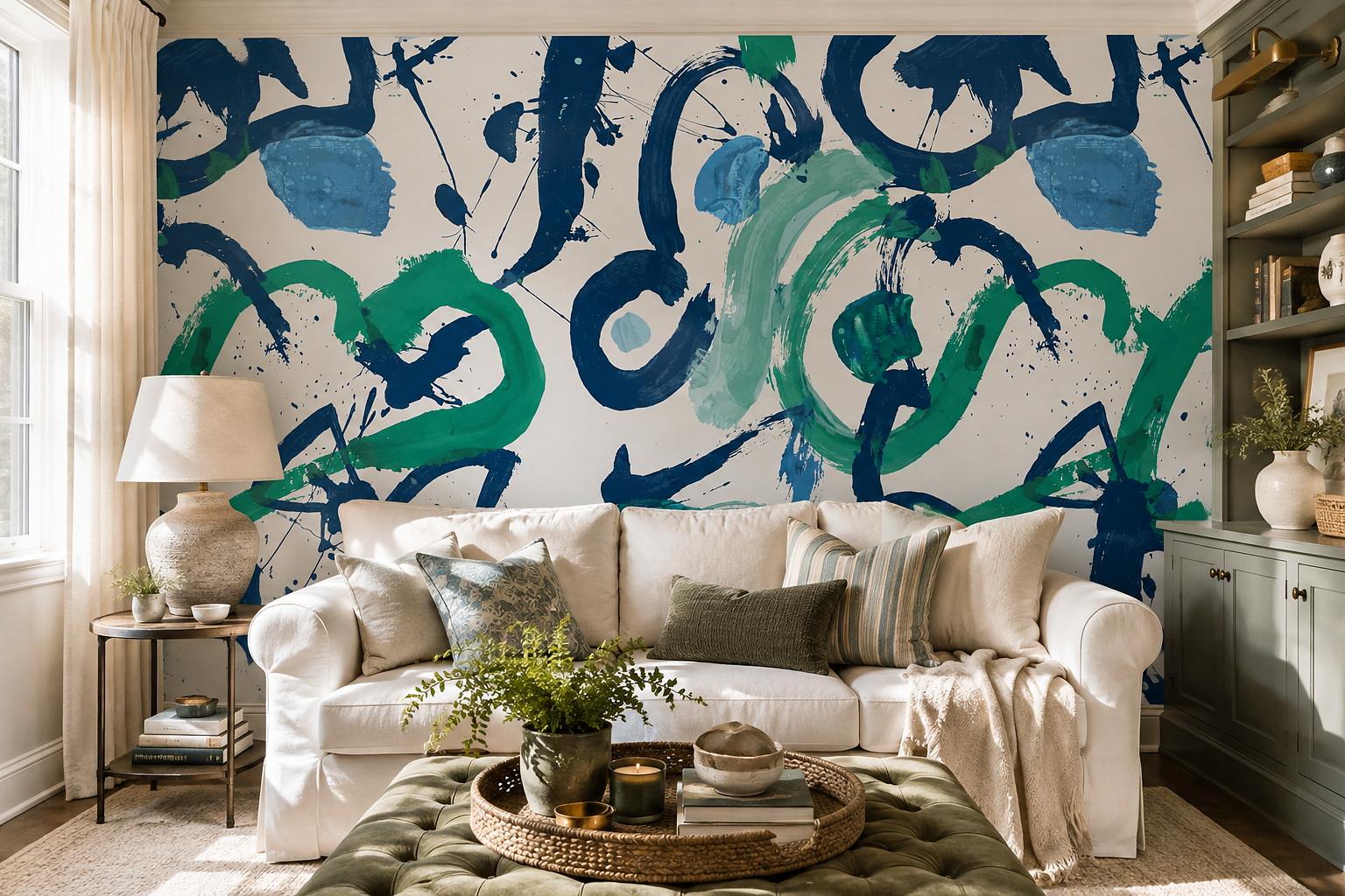 Tan And Neutral Abstract Forms Painterly Marks Wallpaper Mural Living-room-wallpaper-murals, Peel-and-stick Finish