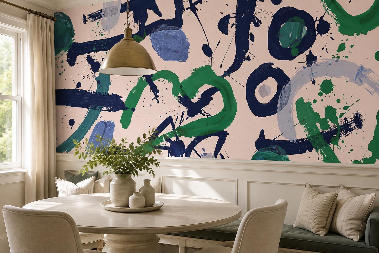 Tan And Neutral Abstract Forms Painterly Tones Wallpaper Mural Dining-room-wallpaper-murals, Shown In A Dining Room, Peel-and-stick Finish