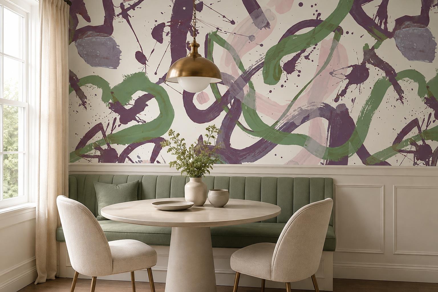 Tan And Neutral Abstract Forms Painterly Detail Wallpaper Mural Dining-room-wallpaper-murals, Shown In A Dining Room, Peel-and-stick Finish