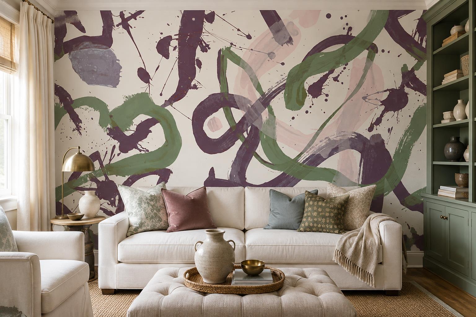 Tan And Neutral Abstract Forms Painterly Detail Wallpaper Mural Living-room-wallpaper-murals, Peel-and-stick Finish