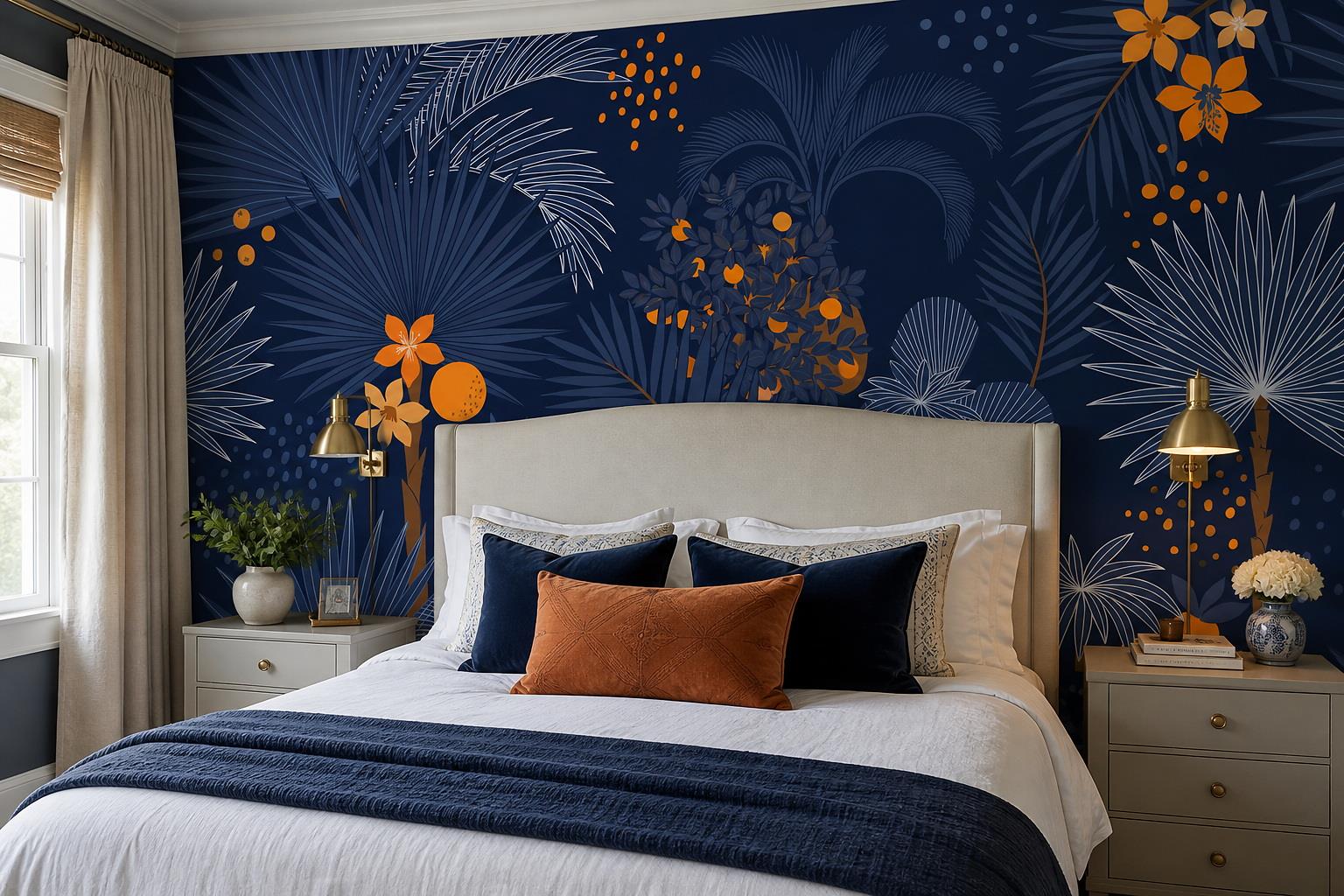 Navy Tropical Foliage With Citrus Wallpaper — Installed Wallpaper Mural In A Bedroom, Peel-and-stick Finish