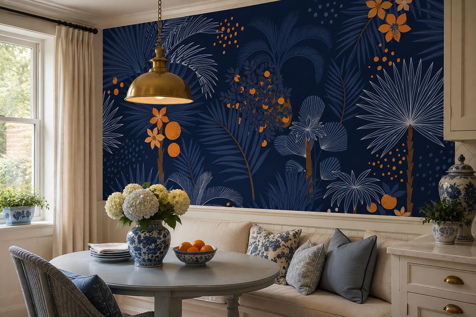 Tan And Neutral Abstract Forms Painterly Composition Wallpaper Mural Dining-room-wallpaper-murals, Shown In A Dining Room, Peel-and-stick Finish