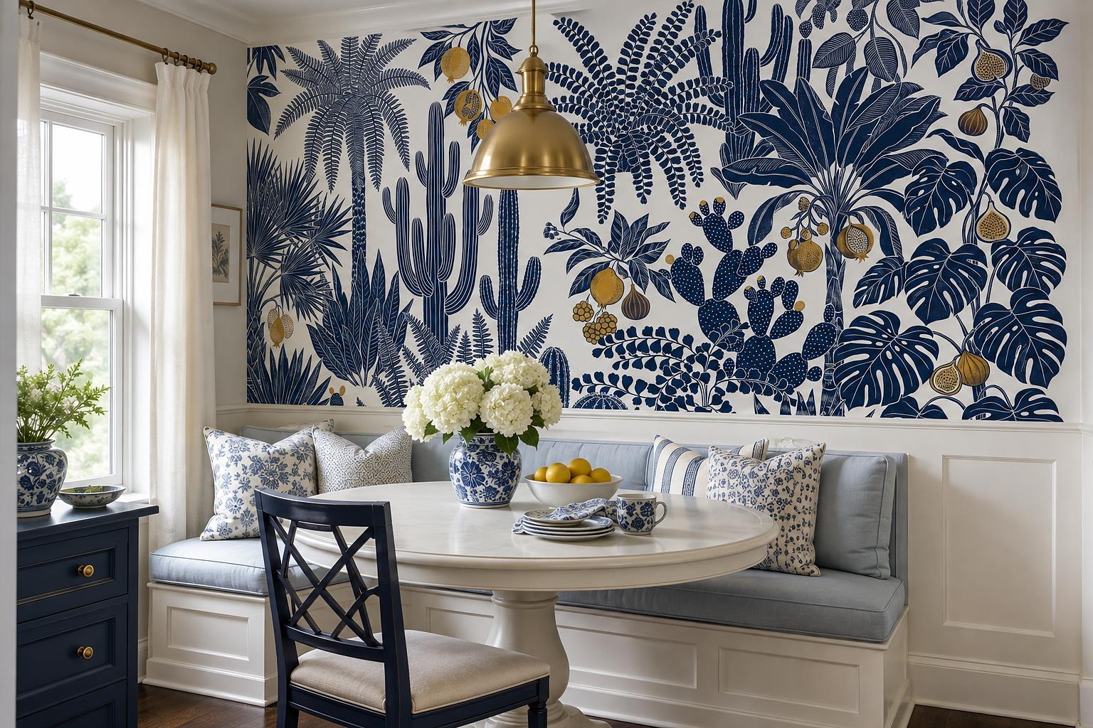 Tan And Neutral Abstract Forms Painterly Quiet Wallpaper Mural Dining-room-wallpaper-murals, Shown In A Dining Room, Peel-and-stick Finish