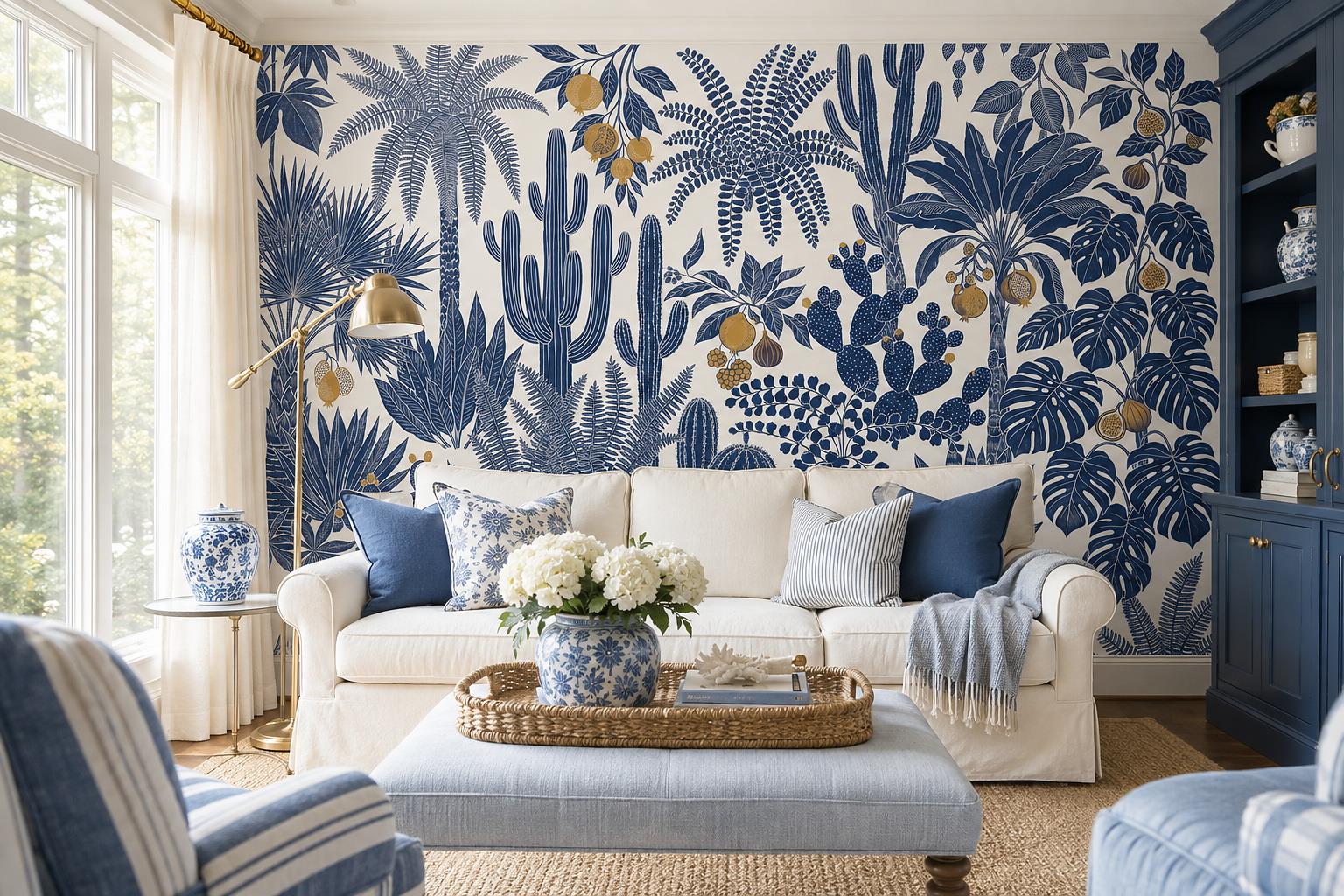 Navy Blue Cacti And Tropical Leaves Wallpaper — Wallpaper Mural Design, Peel-and-stick Finish