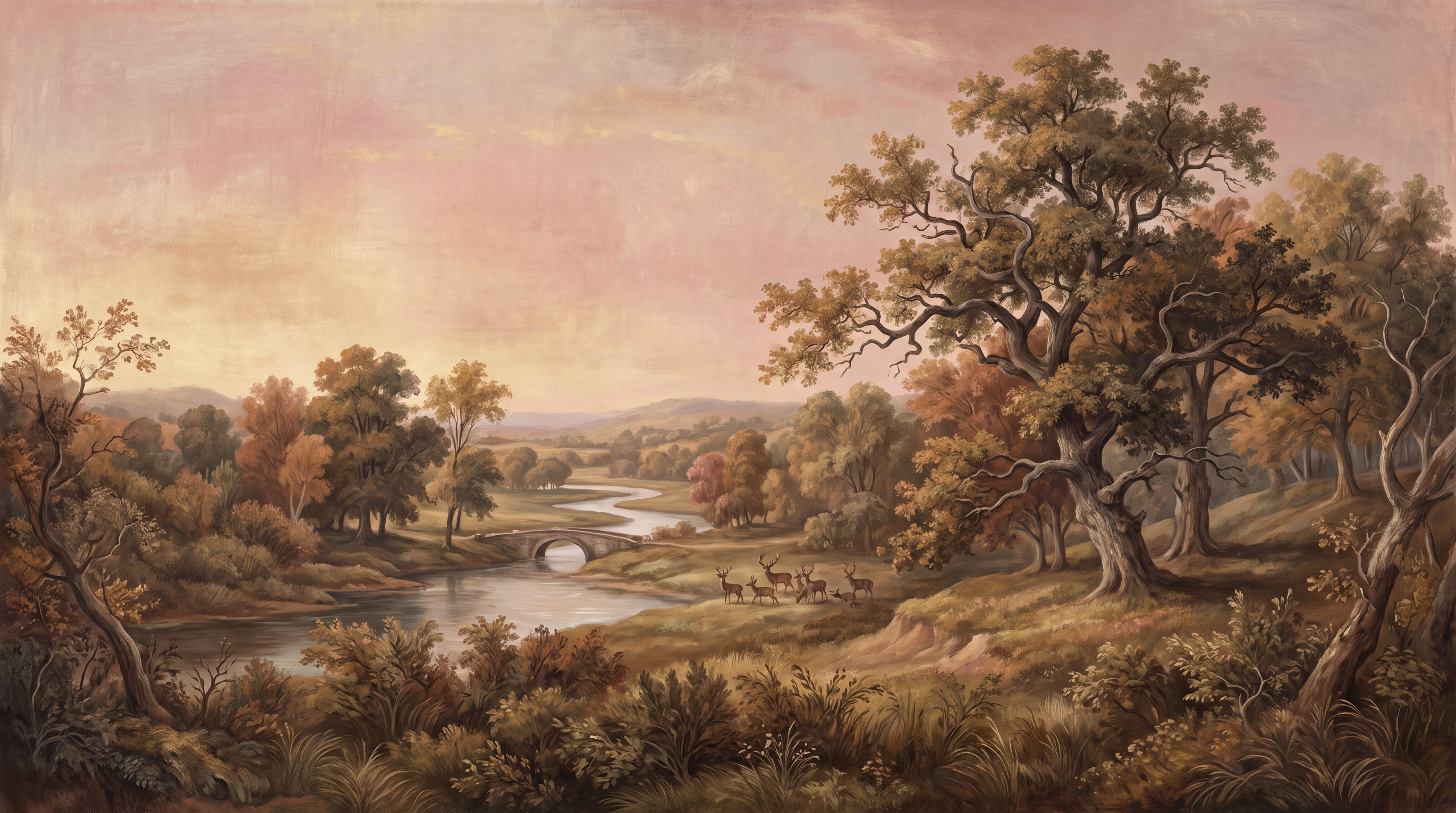 Flat landscape mural artwork with a prominent tree near the right edge for checking crop clearance