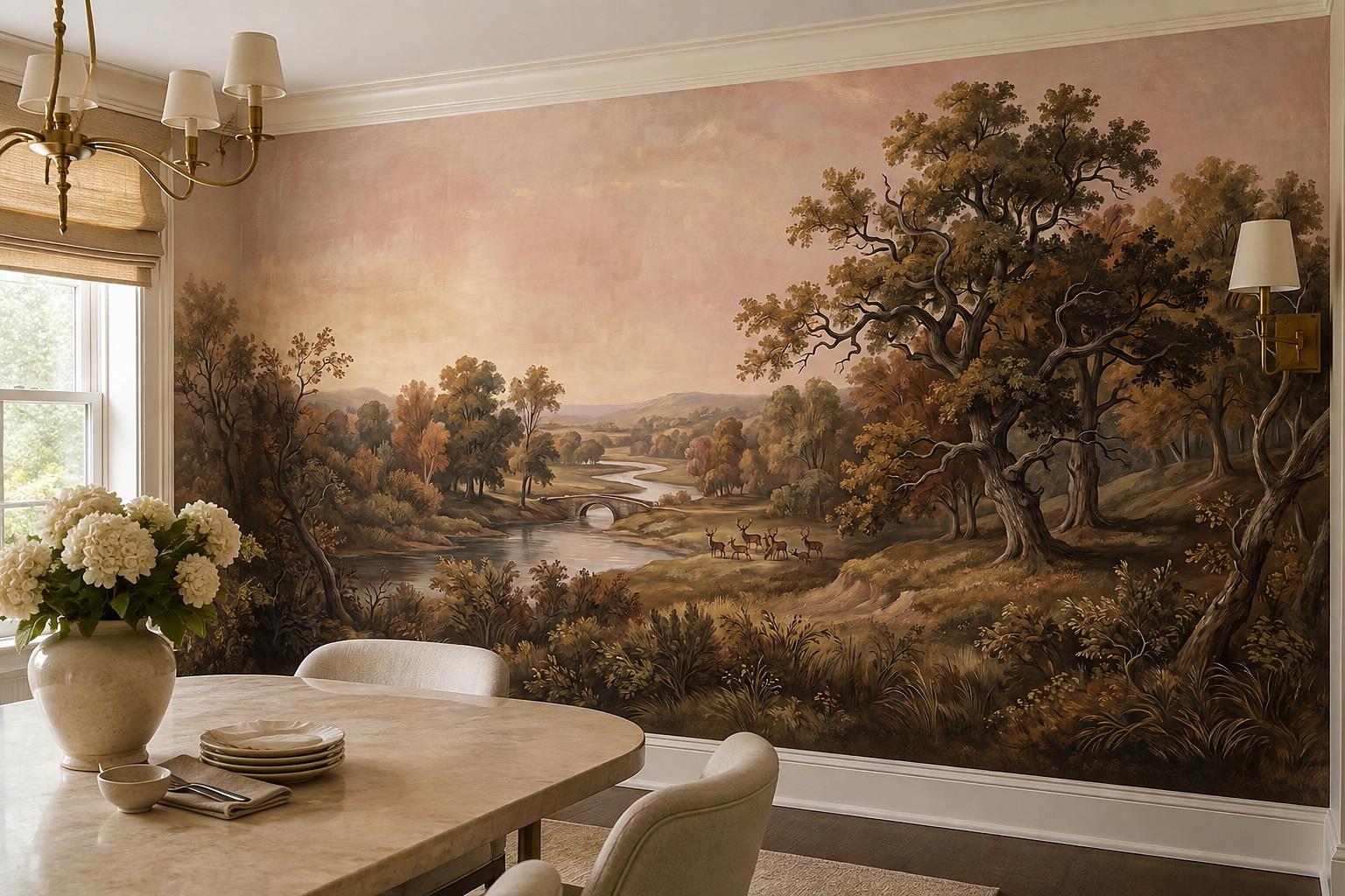 Tan And Neutral Abstract Forms Painterly Measured Wallpaper Mural Dining-room-wallpaper-murals, Peel-and-stick Finish