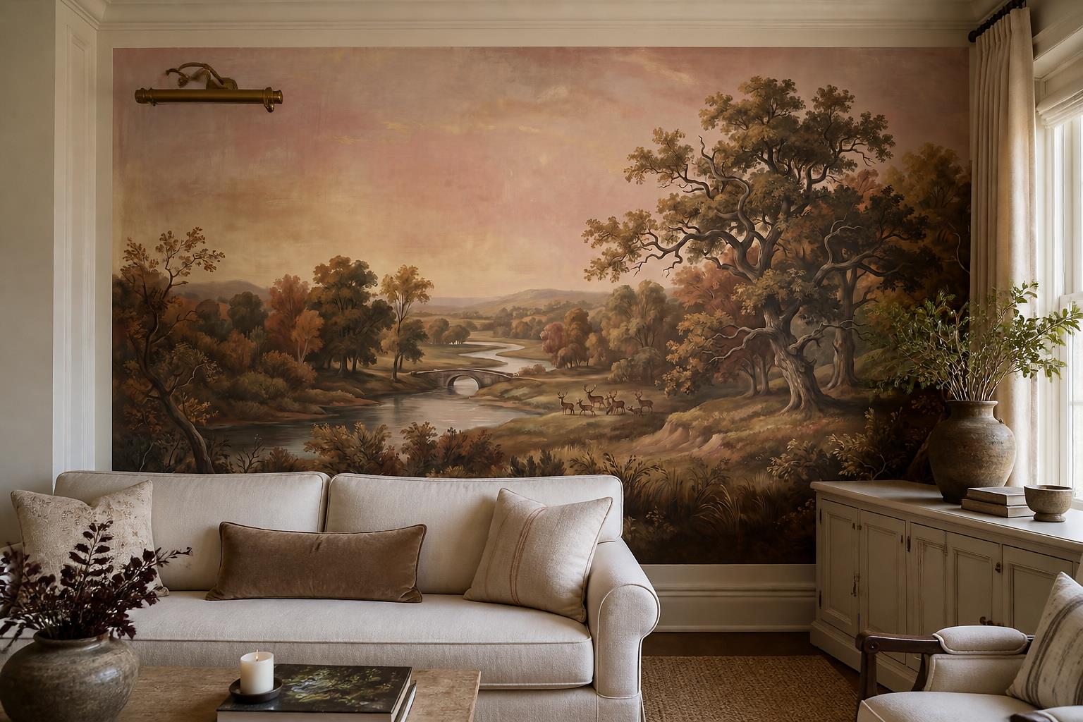 Tan And Neutral Abstract Forms Painterly Measured Wallpaper Mural Living-room-wallpaper-murals, Peel-and-stick Finish