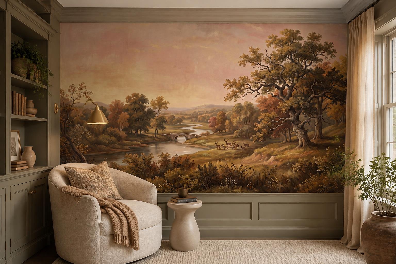 Warm river landscape mural above grey-olive panelling beside painted built-in shelves