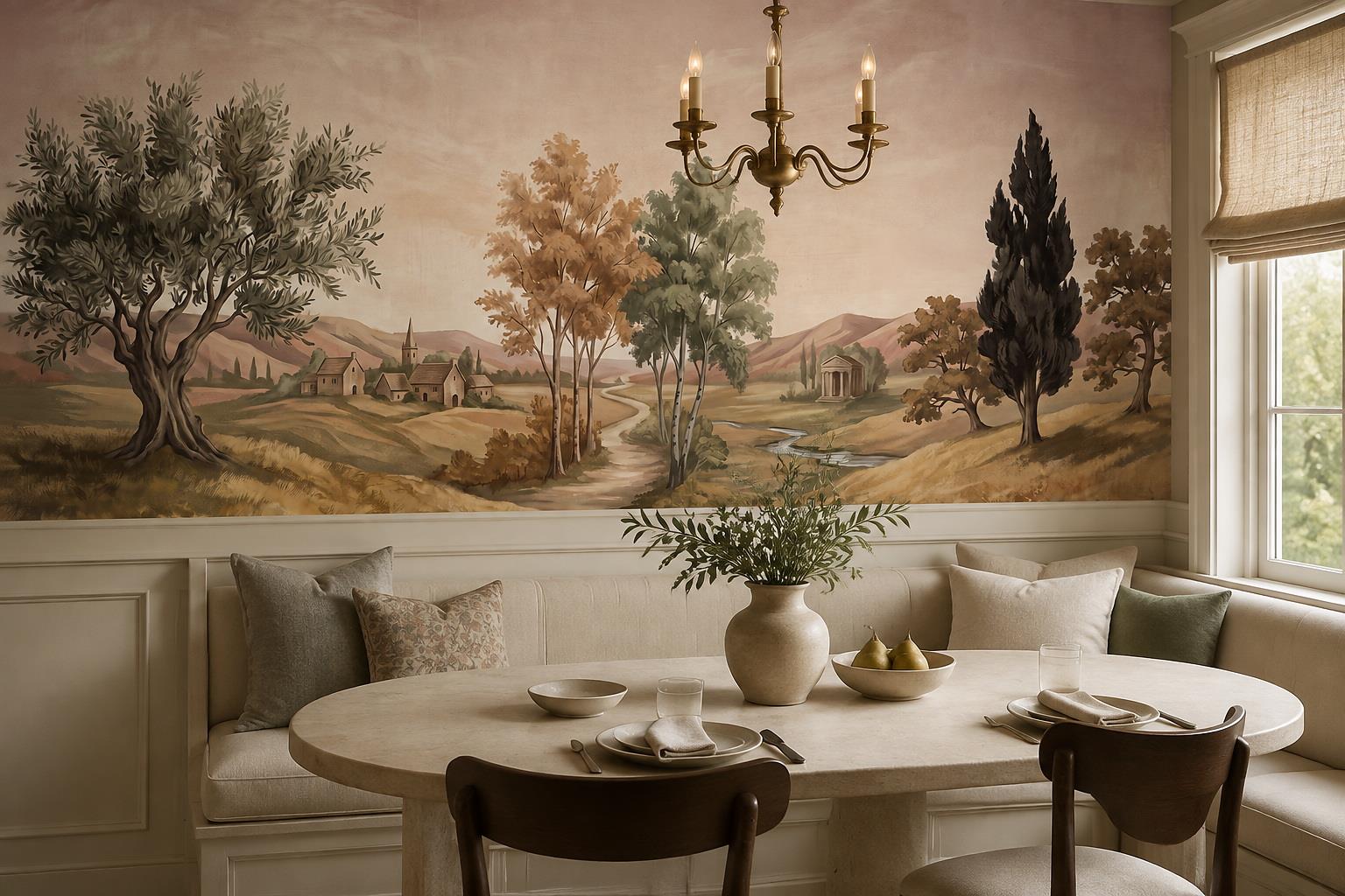 Tan And Neutral Abstract Forms Painterly Balanced Wallpaper Mural Dining-room-wallpaper-murals, Shown In A Dining Room, Peel-and-stick Finish