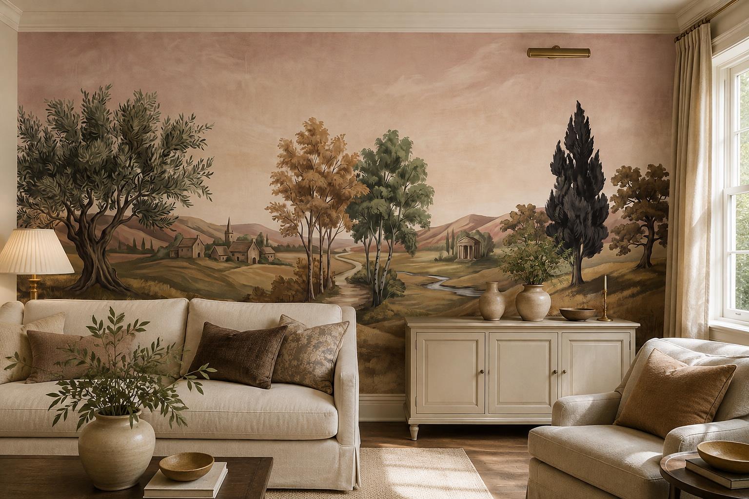 Tuscan Village And Cypress Landscape Wallpaper Mural — Wallpaper Mural Design, Peel-and-stick Finish
