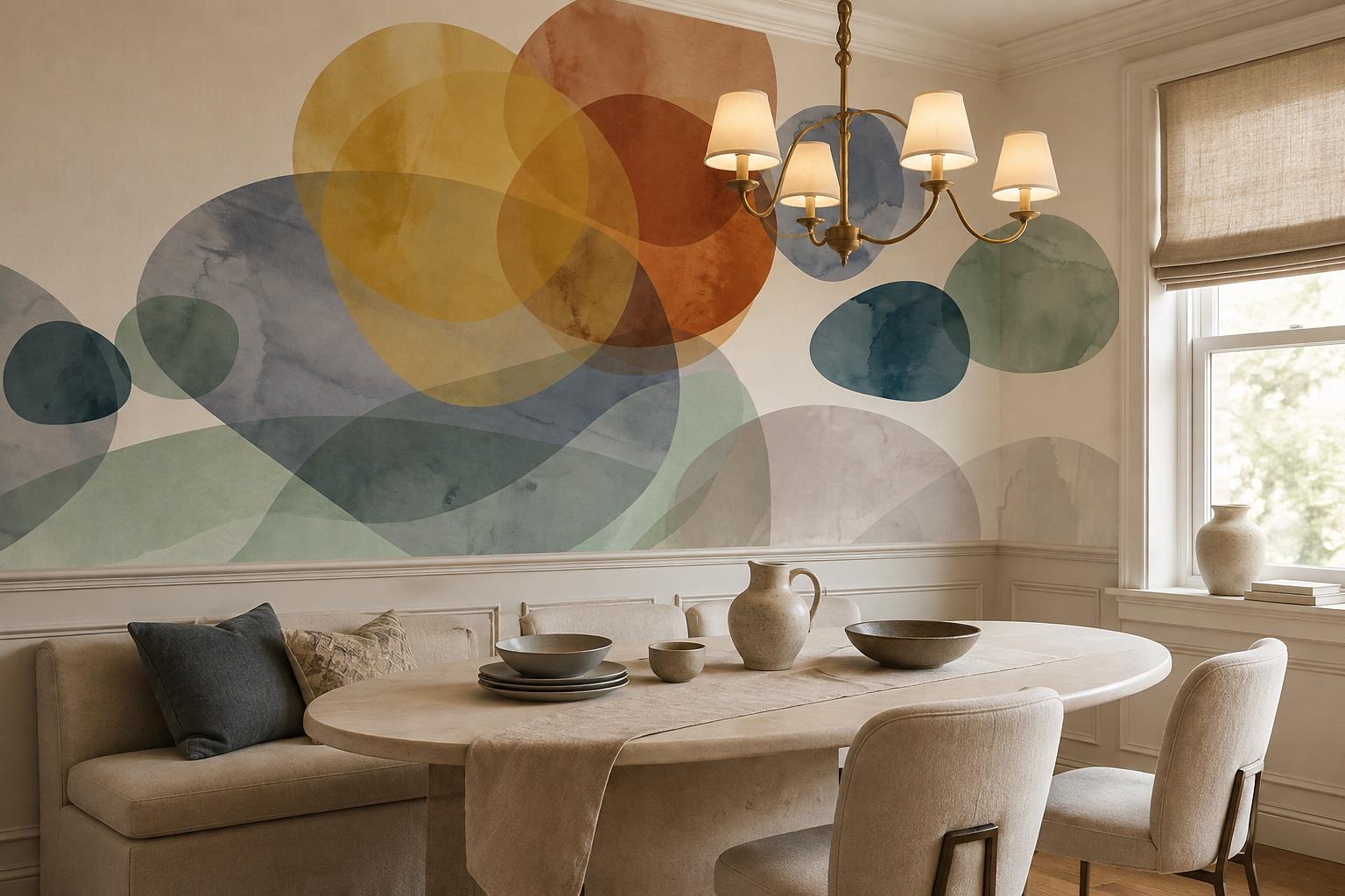 Tan And Neutral Abstract Forms Painterly Gentle Wallpaper Mural Dining-room-wallpaper-murals, Shown In A Dining Room, Peel-and-stick Finish