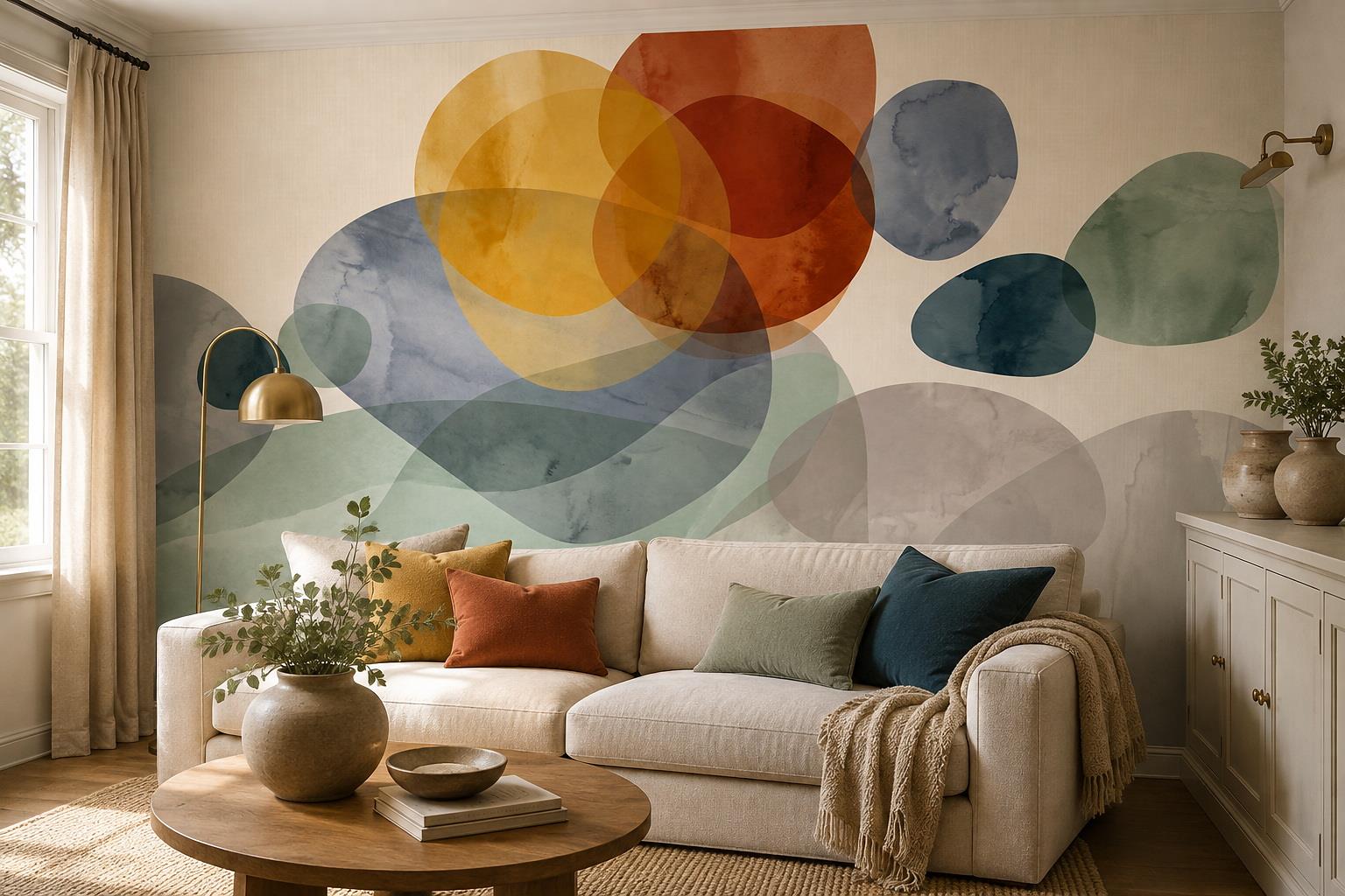 Muted Multicolour Overlapping Circle Wallpaper Mural — Wallpaper Mural Design, Peel-and-stick Finish