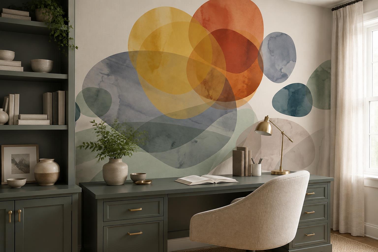Tan And Neutral Abstract Forms Painterly Gentle Wallpaper Mural Accent-wall-wallpaper-murals, Peel-and-stick Finish