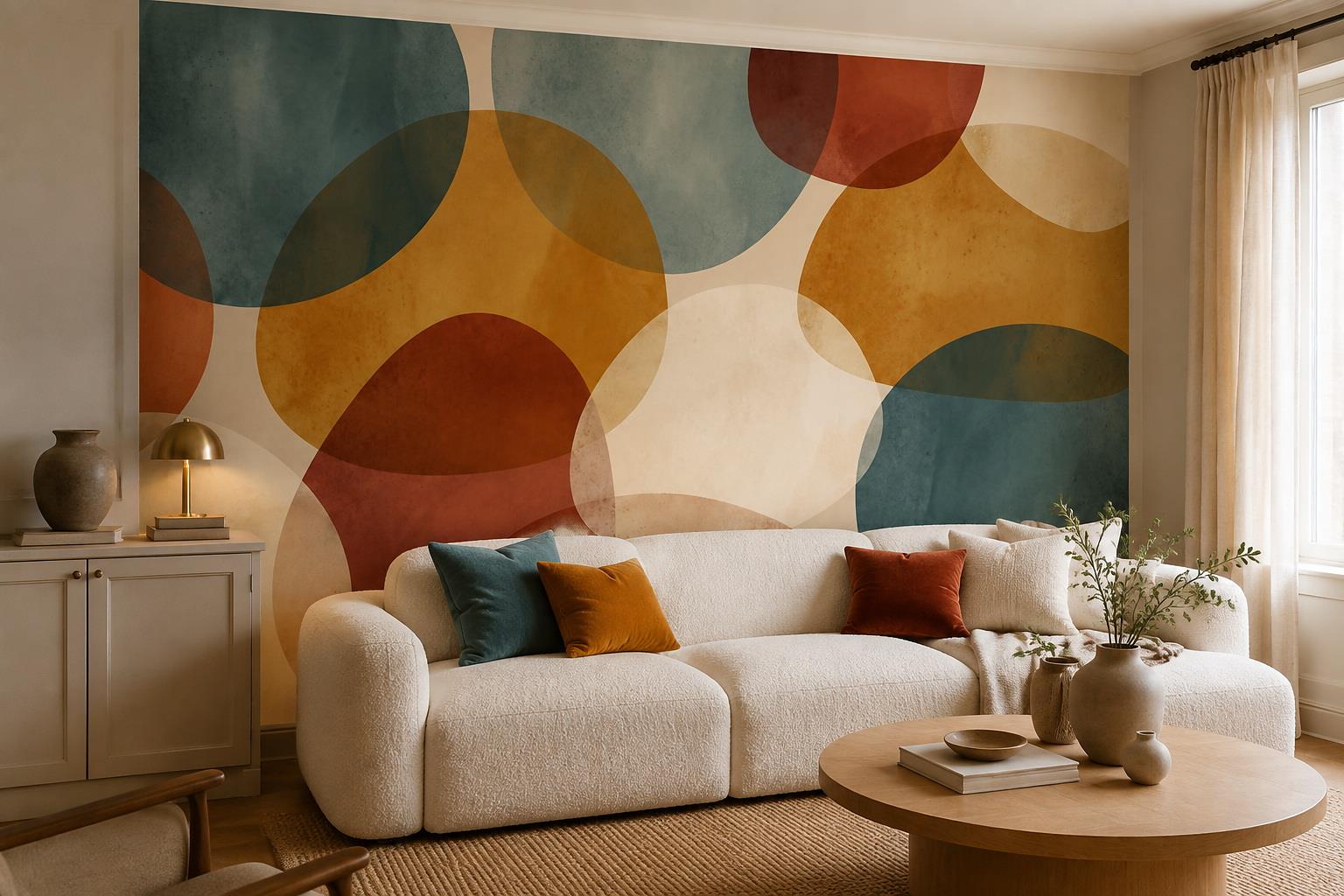 Tan And Neutral Abstract Forms Painterly Bold Wallpaper Mural Living-room-wallpaper-murals, Shown In A Living Room, Peel-and-stick Finish