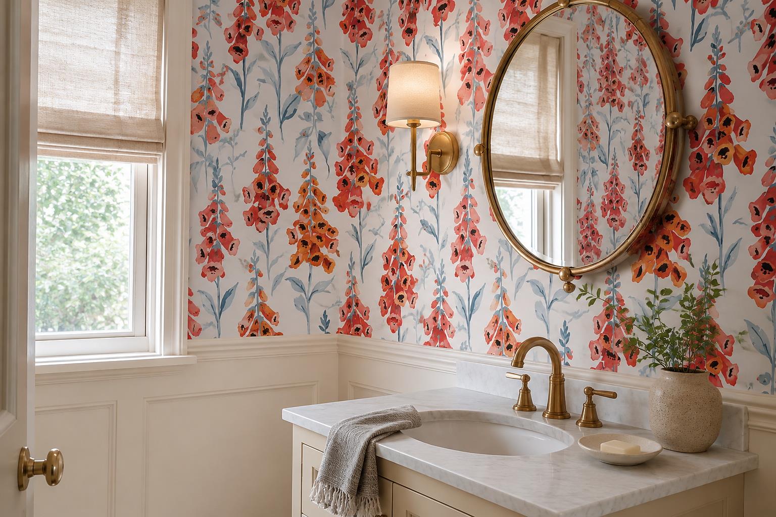 Coral Foxgloves With Powder Blue Leaves Wallpaper — Wallpaper Mural Design, Peel-and-stick Finish