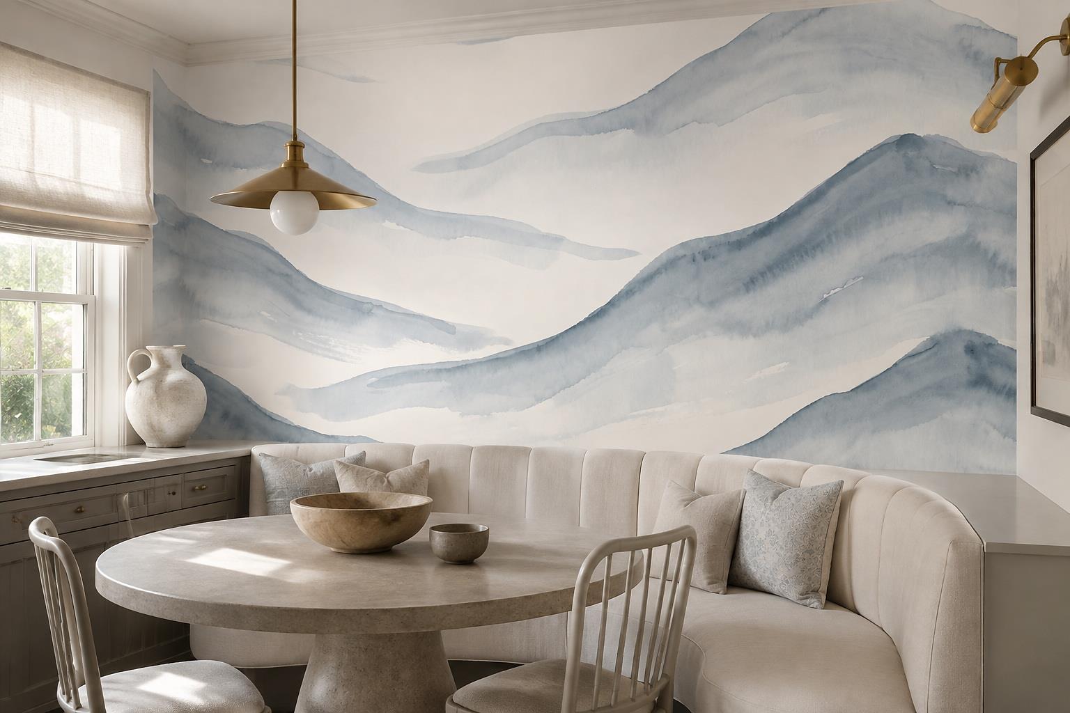 Tan And Neutral Abstract Forms Layered Textured Wallpaper Mural Dining-room-wallpaper-murals, Shown In A Dining Room, Peel-and-stick Finish