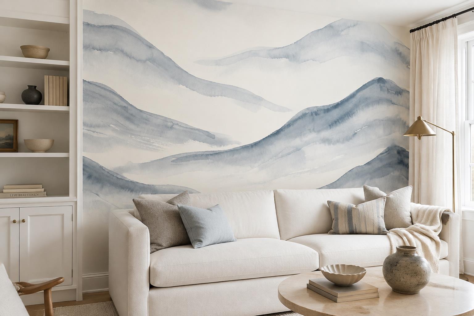 Tan And Neutral Abstract Forms Layered Textured Wallpaper Mural Living-room-wallpaper-murals, Shown In A Living Room, Peel-and-stick Finish