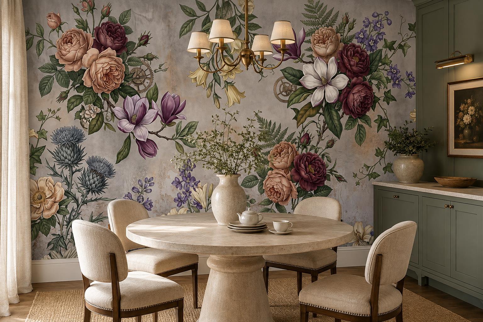 Vintage Roses And Magnolia With Clockwork Details Wallpaper — Close-up Wallpaper Surface Detail, Peel-and-stick Finish