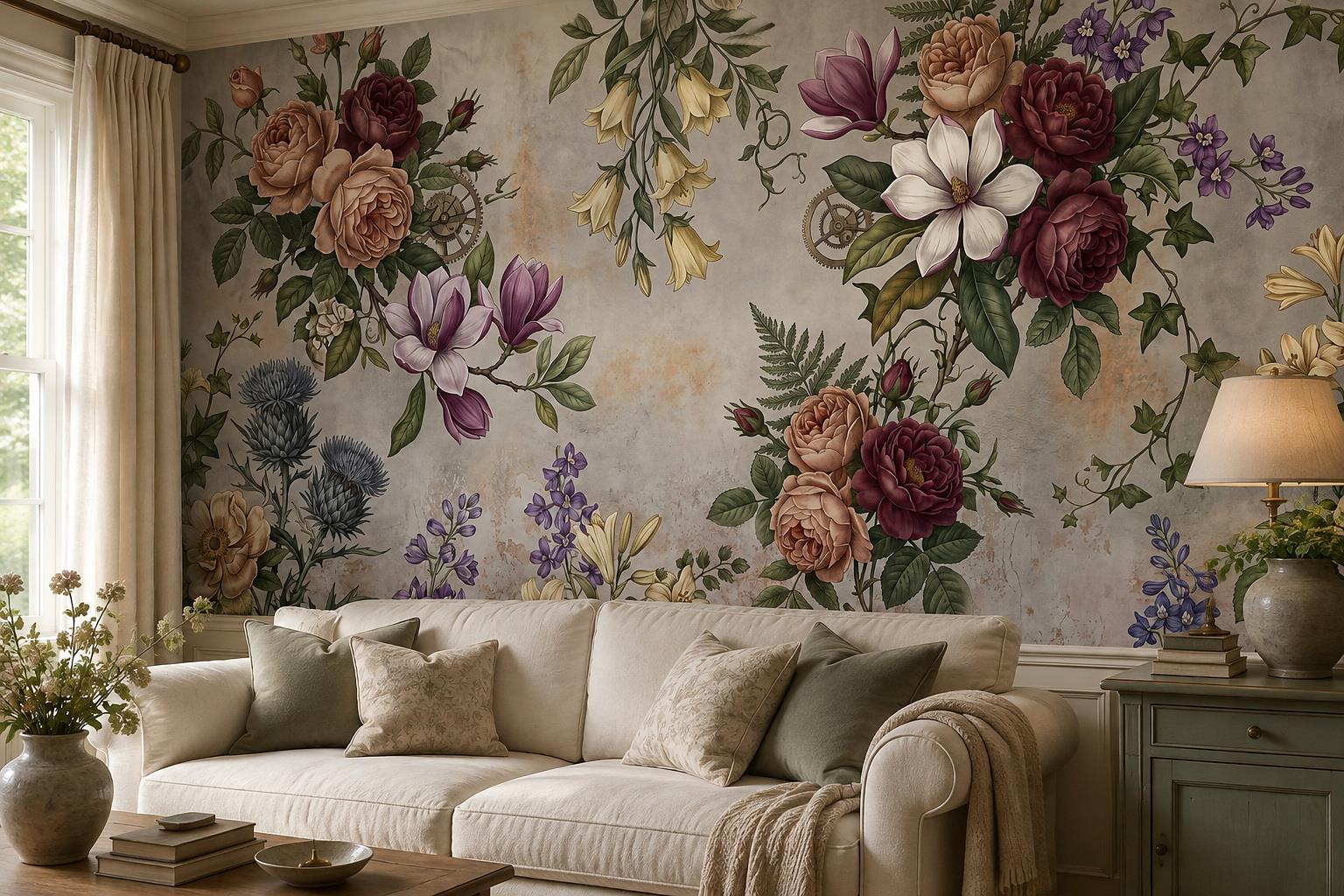 Tan And Neutral Abstract Forms Layered Organic Wallpaper Mural Living-room-wallpaper-murals, Shown In A Living Room, Peel-and-stick Finish