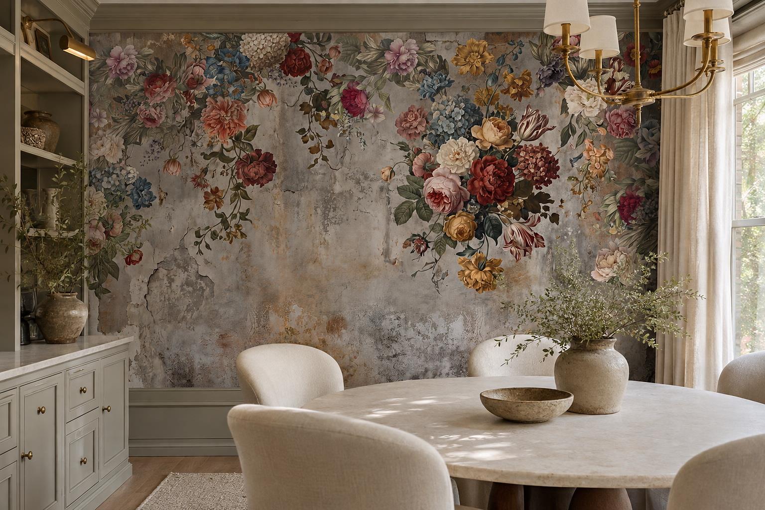 Tan And Neutral Abstract Forms Layered Atmospheric Wallpaper Mural Dining-room-wallpaper-murals, Shown In A Dining Room, Peel-and-stick Finish