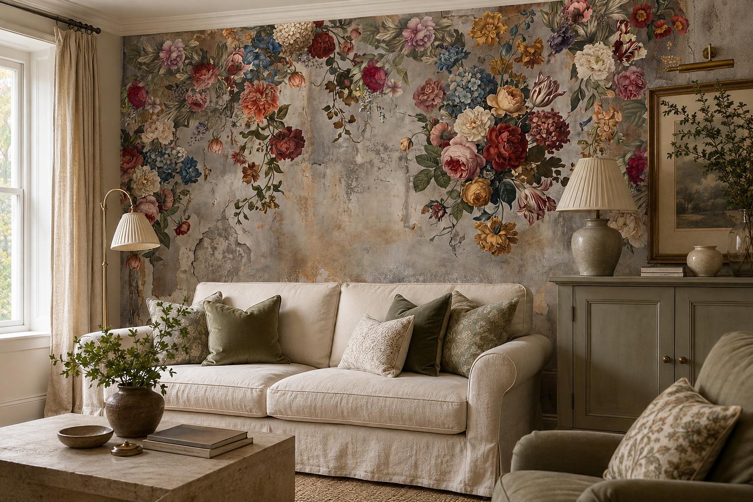 Vintage Multicolour Flower Garland On Weathered Plaster Wallpaper — Wallpaper Mural Design, Peel-and-stick Finish