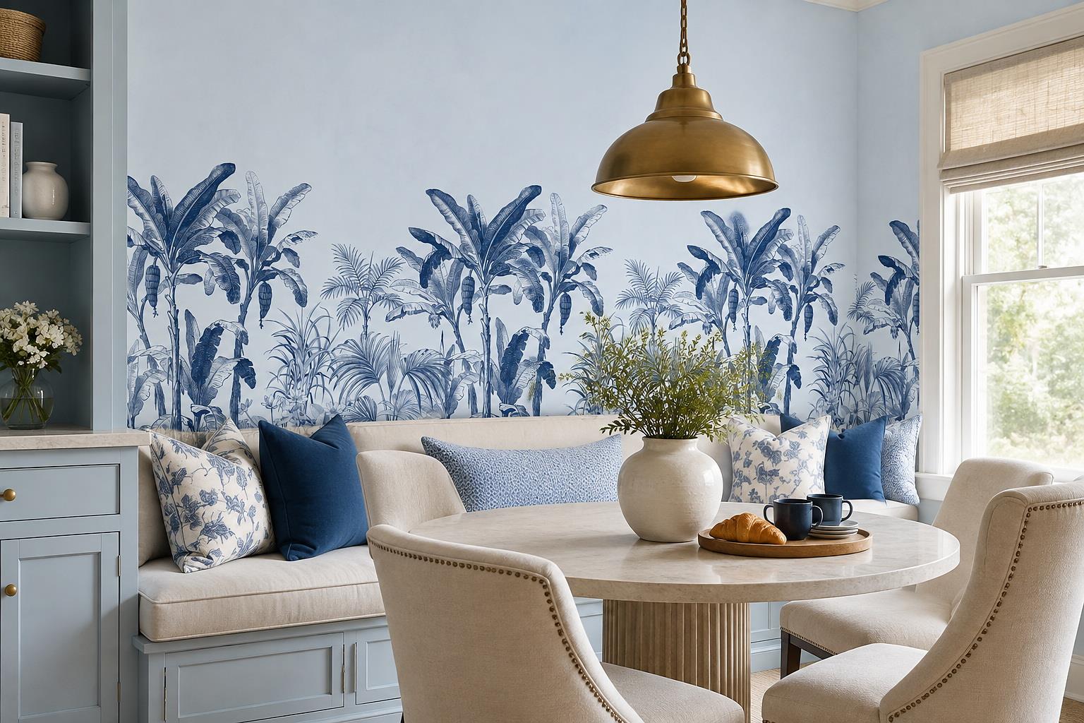 Tan And Neutral Abstract Forms Layered Curved Wallpaper Mural Dining-room-wallpaper-murals, Shown In A Dining Room, Peel-and-stick Finish