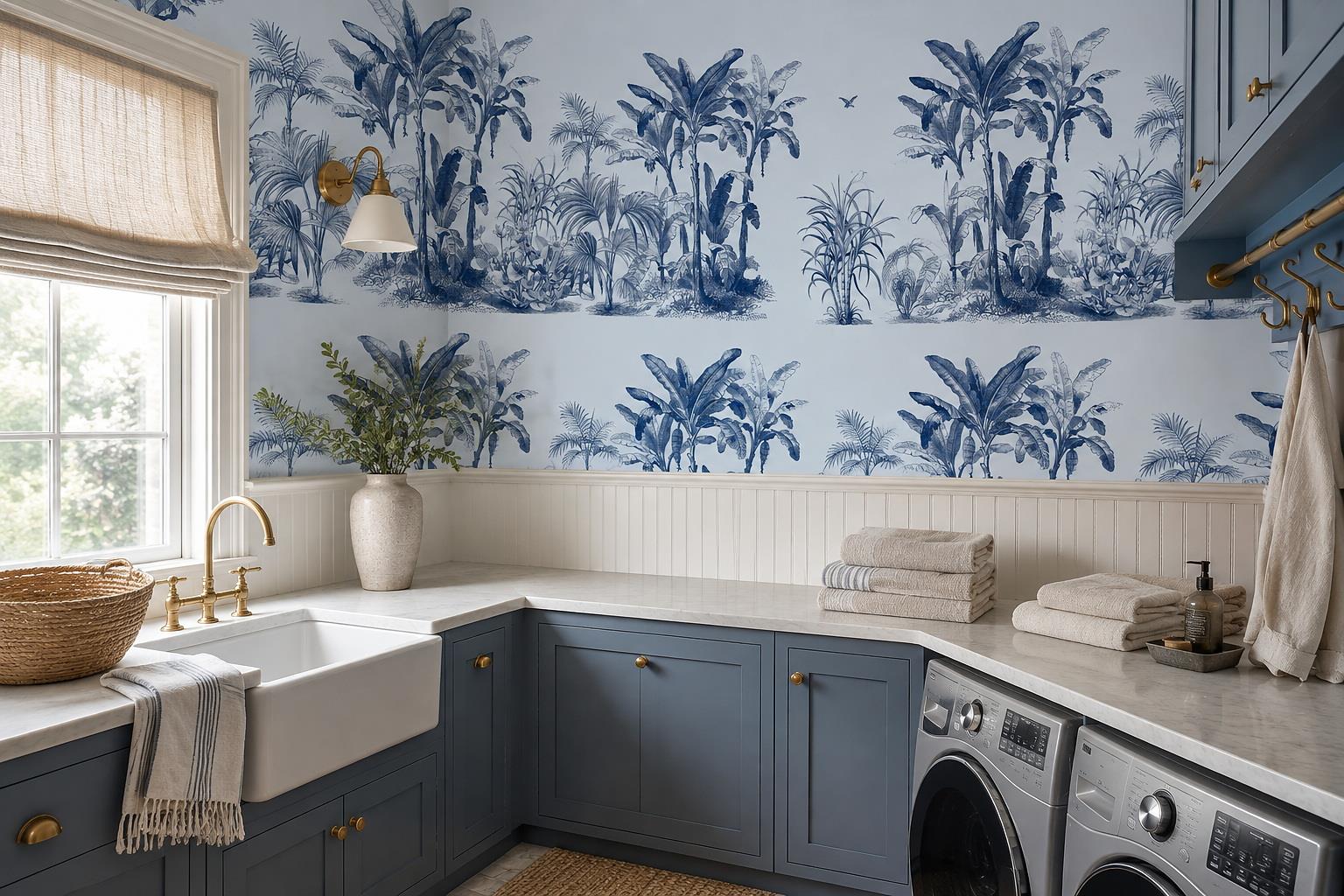 Navy Tropical Palm And Banana Leaf Line Art Wallpaper Mural — Wallpaper Mural Design, Peel-and-stick Finish